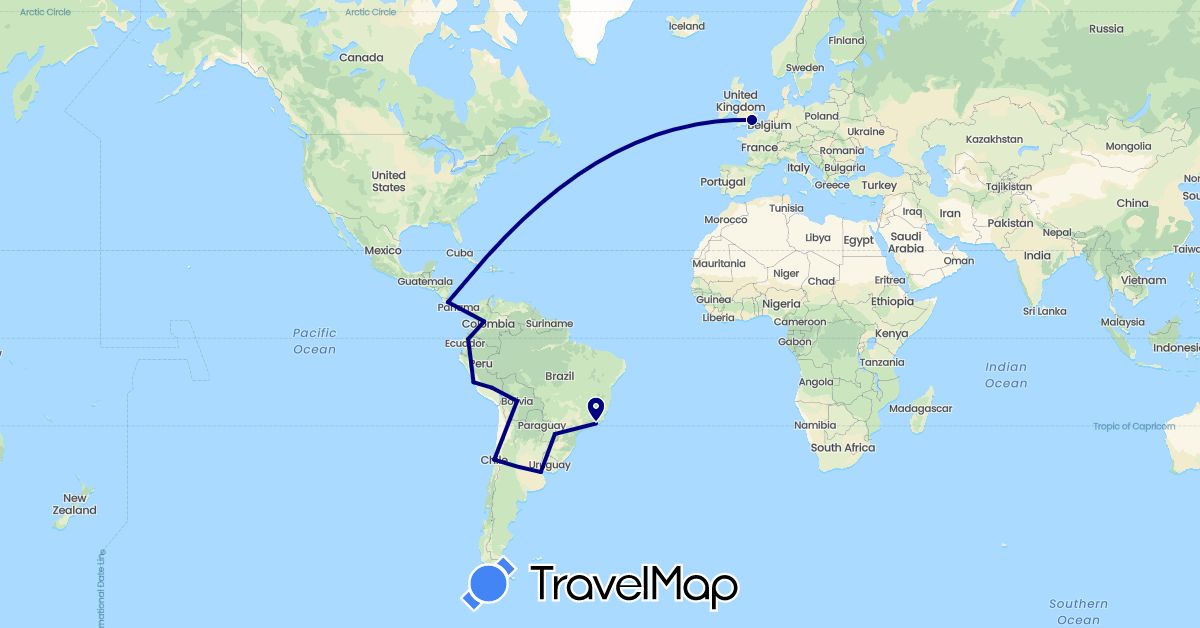 TravelMap itinerary: driving in Argentina, Bolivia, Brazil, Chile, Colombia, Costa Rica, Ecuador, United Kingdom, Peru (Europe, North America, South America)
